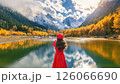 Tourist taking photo of Bipenggou in autumn, Chengdu in China. 126066690