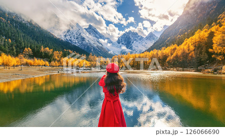 Tourist taking photo of Bipenggou in autumn, Chengdu in China. 126066690