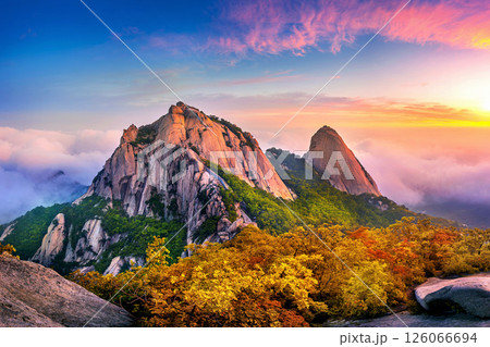 Bukhansan mountains at sunrise, Autumn in Seoul, South Korea. 126066694