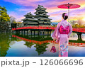 Asian woman wearing japanese traditional kimono at Matsumoto Castle, Autumn in Japan. 126066696