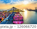 Cargo ship and cargo container in harbor. 126066720