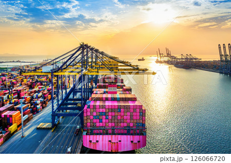 Cargo ship and cargo container in harbor. 126066720