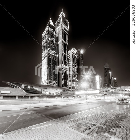 Panoramic view of metro station in Financial district at night, Dubai, UAE 126066803