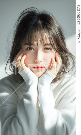 若い日本人女性の横顔。白い背景に自然光が差し込む美しいポートレート 126066878