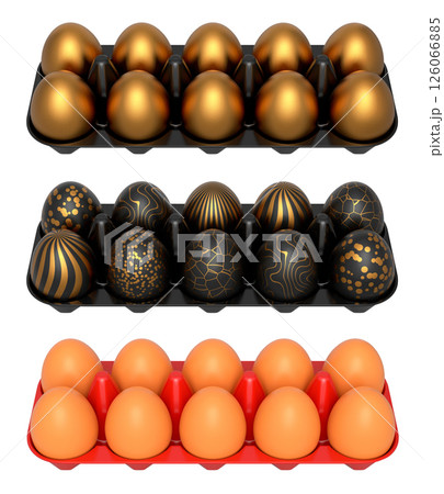 Elegant black eggs with gold patterns in trays, isolated on white transparent background. Elegant black eggs with gold patterns in trays, isolated on white transparent background. 126066885