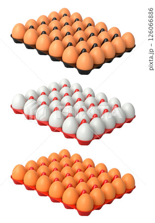 Plastic trays filled with neatly stacked brown and white eggs, isolated on white transparent background. Plastic trays filled with neatly stacked brown and white eggs, isolated on white transparent background. 126066886