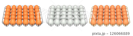 Metal trays filled with neatly stacked white and brown eggs, isolated on white transparent background. Metal trays filled with neatly stacked white and brown eggs, isolated on white transparent background. 126066889