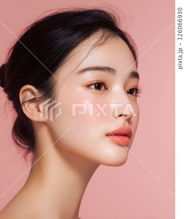 横顔の日本人女性。ピンク背景に映える健康的な美しさとシンプルメイク 126066930