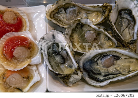Fresh oysters and scallops in shells in seafood restaurant, top view. 126067202