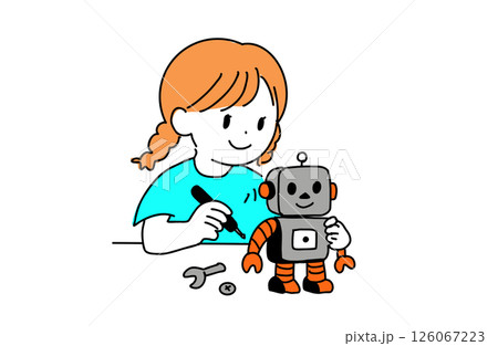 ロボットを作る三つ編みの女の子のイラスト（STEAM教育・ものづくり） 126067223