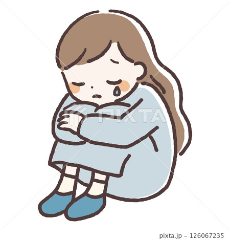 うずくまり涙を流す落ち込んだ女性の手描きイラスト うずくまり涙を流す落ち込んだ女性の手描きイラスト 126067235