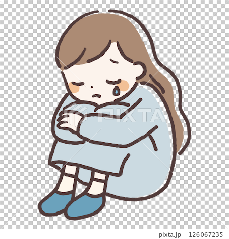 うずくまり涙を流す落ち込んだ女性の手描きイラスト うずくまり涙を流す落ち込んだ女性の手描きイラスト 126067235