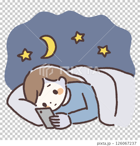 Hand-drawn illustration of a woman looking at her smartphone at night 126067237