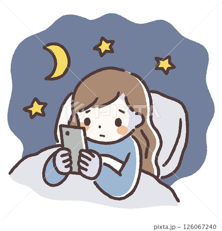 夜眠れずにスマートフォンを見る女性の手描きイラスト 126067240