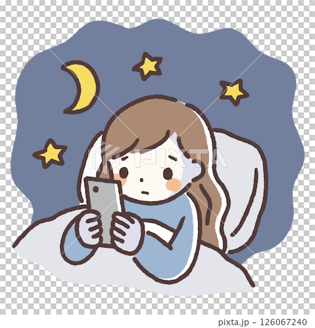 Hand-drawn illustration of a woman looking at her smartphone at night 126067240