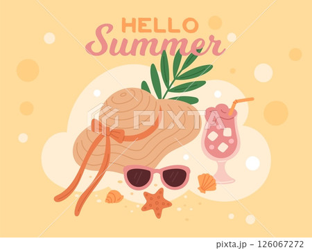 Beach straw hat poster. Summer time, sea vacations, sunglasses, cocktail and panama on sand with seashells, relax on beach. Fashion headwear cartoon flat isolated garish vector concept Beach straw hat poster. Summer time, sea vacations, sunglasses, cocktail and panama on sand with seashells, relax on beach. Fashion headwear cartoon flat isolated garish vector concept 126067272