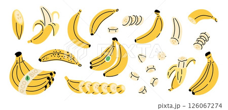 Cartoon bananas. Ripe organic fruit, dense yellow peel, bunches, individual, cut and whole, natural fresh delicious organic food with labels, nutrition doodle isolated garish vector set 126067274