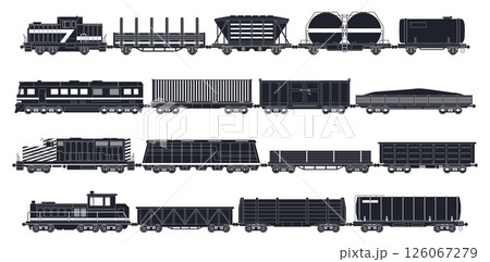 Goods trains icons. Black silhouettes locomotives, wagons, cisterns, railway transport with containers for oil, sand and wood, cargo service, different freight, isolated nowaday vector set 126067279