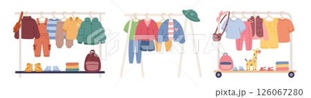 Hanger racks with kids clothes. Boys and girls wears, store coasters, footwear, accessories, jackets, tee shirts and bags, shopping for children cartoon flat isolated garish vector set Hanger racks with kids clothes. Boys and girls wears, store coasters, footwear, accessories, jackets, tee shirts and bags, shopping for children cartoon flat isolated garish vector set 126067280