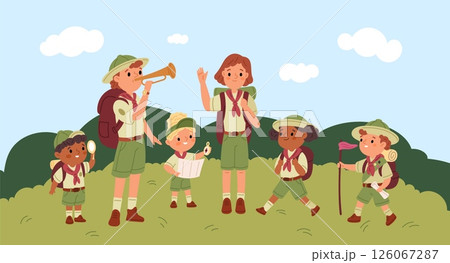 Mentors and scouts on nature. Orienteering with map, survival activities, camp adventures, outdoor vacation, summer hiking, uniformed kids, cartoon flat style isolated garish vector set 126067287
