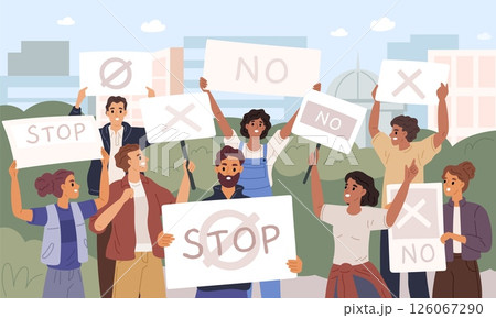 People fighting for rights. Protest with posters, activist men and women at demonstration with blank placards in park, public demands outdoors, social picket cartoon garish vector concept 126067290