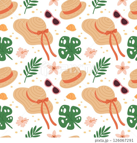 Straw hats seamless pattern. Repeated beach accessories, summer time women headwears, sunglasses, tropical leaves. Textile, wrapping paper, wallpaper. Print for fabric garish vector background 126067291