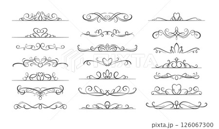 Swirly retro dividers. Old book elements, decorative ornamental curls, elegant strokes of pen, vintage filigree borders, curve lines, posters and wedding card tidy vector isolated set Swirly retro dividers. Old book elements, decorative ornamental curls, elegant strokes of pen, vintage filigree borders, curve lines, posters and wedding card tidy vector isolated set 126067300