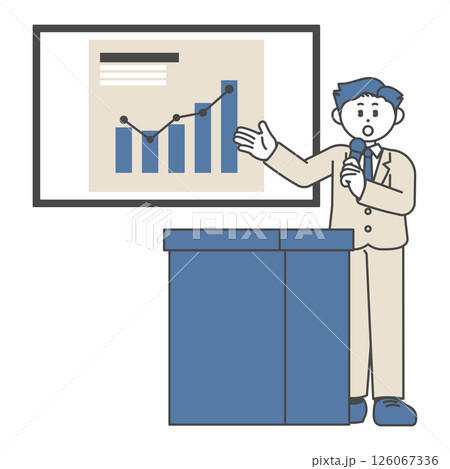 グラフを見ながら演台で話すスーツ姿の男性 126067336
