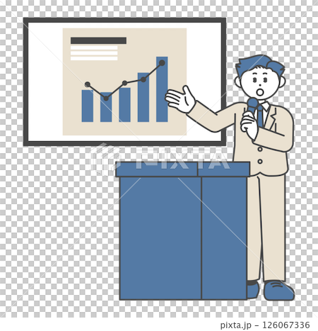 グラフを見ながら演台で話すスーツ姿の男性 126067336
