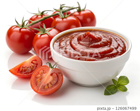 Homemade Tomato Sauce in White Bowl with Fresh Tomatoes 126067499