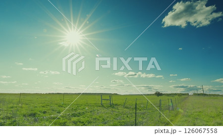 A Stunningly Beautiful Sunny Landscape Featuring a Lush Green Field and Deep Blue Sky Above Time lapse. A Stunningly Beautiful Sunny Landscape Featuring a Lush Green Field and Deep Blue Sky Above Time lapse. 126067558