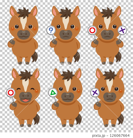 ○×△の札を持ったウマのキャラクターイラストセット 126067664
