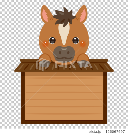 Character illustration of a horse riding a wooden sign 126067697