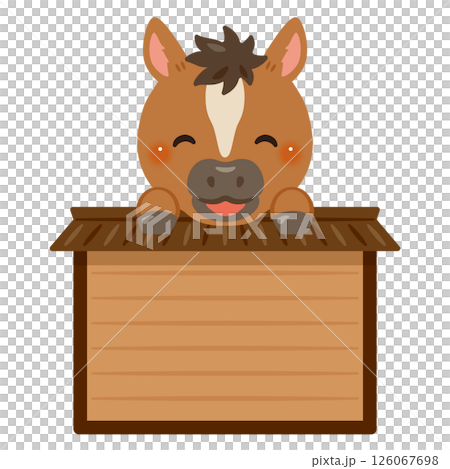 Smiling horse character illustration riding a wooden sign 126067698