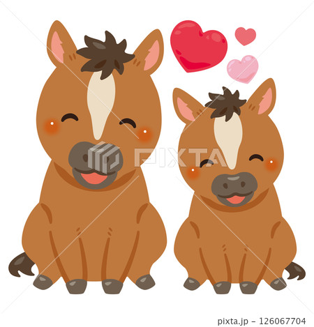 お座りした笑顔のウマの親子イラスト 126067704