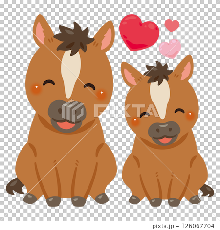 お座りした笑顔のウマの親子イラスト 126067704