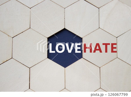 Love vs Hate symbol. Concept word Love vs Hate on wooden comb puzzle. Beautiful deep blue background. Business and Love vs Hate concept. Copy space 126067799