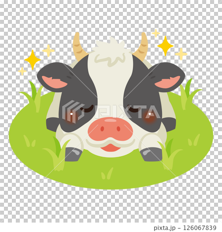 Illustration of cows relaxing in a pasture 126067839
