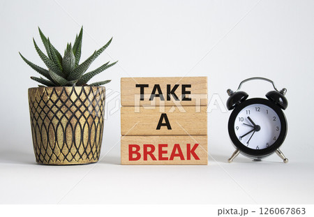 Take a break symbol. Concept words Take a break on wooden blocks. Beautiful white background with succulent plant and alarm clock. Business and Take a break concept. Copy space. Take a break symbol. Concept words Take a break on wooden blocks. Beautiful white background with succulent plant and alarm clock. Business and Take a break concept. Copy space. 126067863