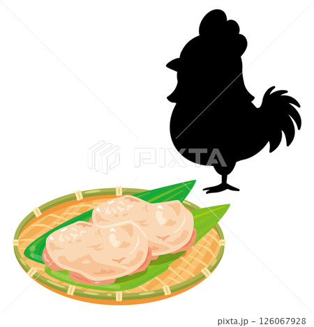 ザルに盛られた鶏肉とニワトリのシルエットイラスト ザルに盛られた鶏肉とニワトリのシルエットイラスト 126067928