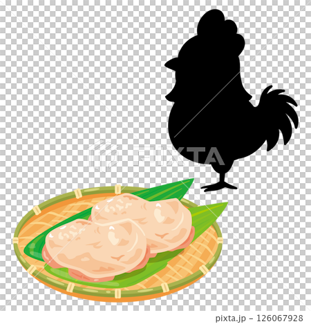 ザルに盛られた鶏肉とニワトリのシルエットイラスト ザルに盛られた鶏肉とニワトリのシルエットイラスト 126067928