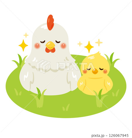 平飼いでリラックスするニワトリとヒヨコのイラスト 平飼いでリラックスするニワトリとヒヨコのイラスト 126067945
