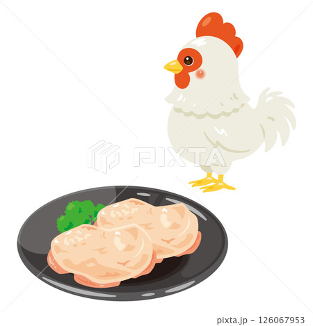 皿に盛られた鶏肉とニワトリのイラスト 皿に盛られた鶏肉とニワトリのイラスト 126067953