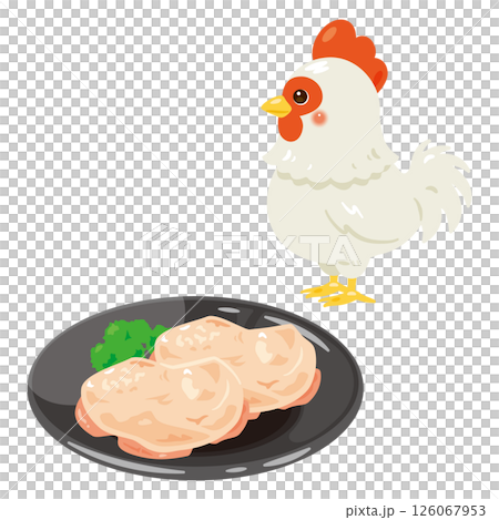 皿に盛られた鶏肉とニワトリのイラスト 皿に盛られた鶏肉とニワトリのイラスト 126067953