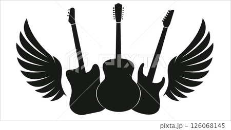 Rock Guitar with Wings Banner. Angel Guitar Silhouette for Musical Design Rock Guitar with Wings Banner. Angel Guitar Silhouette for Musical Design 126068145