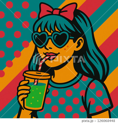 「ジュースを持つレトロポップな女の子・カラフルなフルーツドリンク店イメージイラスト」 126068448