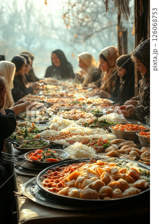 a Sabantuy table filled with traditional dishes like chak chak and baursak, guests in traditional clothing enjoying the feast, soft natural light creating a warm atmosphere 126068753