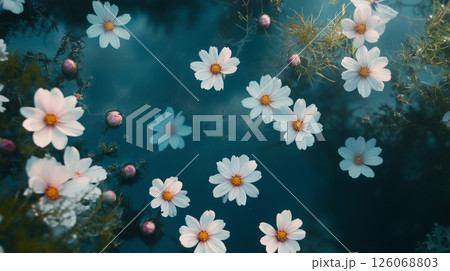 湖に浮かんだ白いコスモスの花 126068803