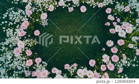 緑の上のピンクのコスモスと白い花 126068804