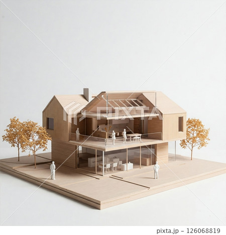 Modern Architectural Building  Model with Glass Features and Landscaping in Minimalist Design Setting 126068819